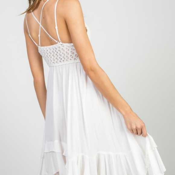 Boho White Crochet Asymmetrical Hem Strappy Dress - Picture 9 of 9